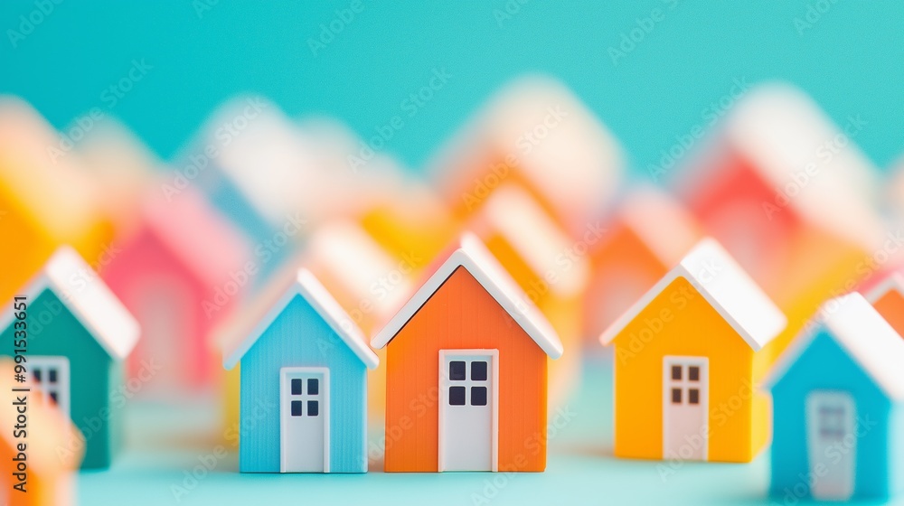 Colorful miniature houses arranged on a vibrant background to represent community and real estate concept creatively. Colorful miniature houses arranged on a vibrant background to represent community and real estate concept creatively.