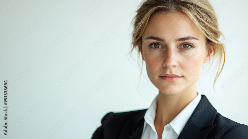 A confident businesswoman in formal wear stands with a focused expression A confident businesswoman in formal wear stands with a focused expression