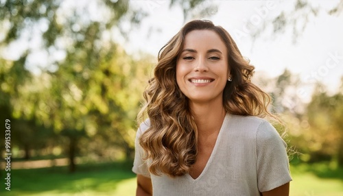 Joyful brown-haired woman with wavy locks relishing her day at a local park