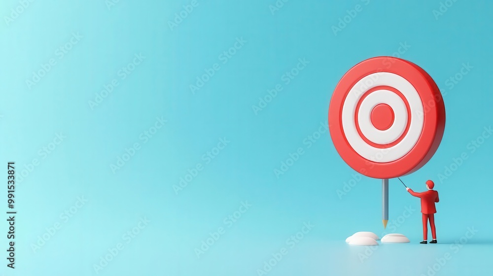 Miniature figure aiming arrow at large target on blue background. Miniature figure aiming arrow at large target on blue background.