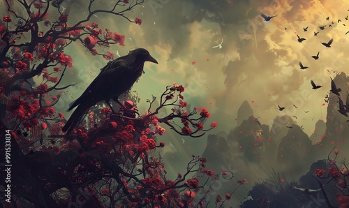 A black crow is perched on a tree branch in a forest