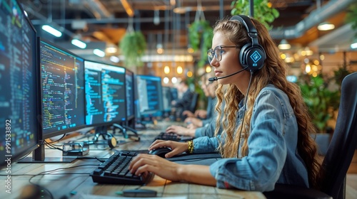 A female developer coding on a multi-monitor setup in a modern office