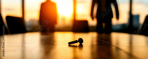 A microphone rests on a conference table with silhouetted figures against a sunset backdrop, symbolizing communication and teamwork.