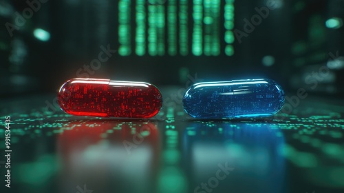 A visual representation of selecting between a red pill and a blue pill on a digital background