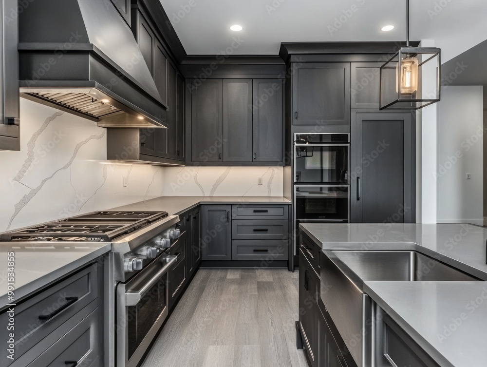 Fototapeta premium A kitchen with dark grey cabinets, grey countertops, and a white backsplash