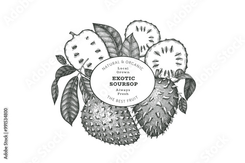 Hand drawn sketch style soursop fruit banner. Organic fresh fruit vector illustration. Retro guanabana design template