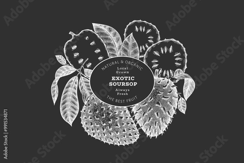 Hand drawn sketch style soursop fruit banner. Organic fresh fruit vector illustration on chalk board. Retro guanabana design template