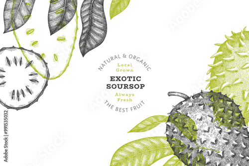 Hand drawn sketch style soursop fruit banner. Organic fresh fruit vector illustration. Retro guanabana design template