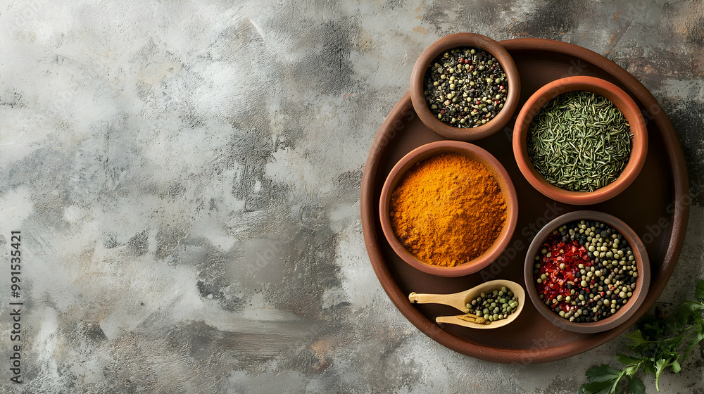 Various spices in clay plate and spoon on concrete background encompassing modern apothecary naturopathy and ayurveda concepts Various spices in clay plate and spoon on concrete background encompassing modern apothecary naturopathy and ayurveda concepts