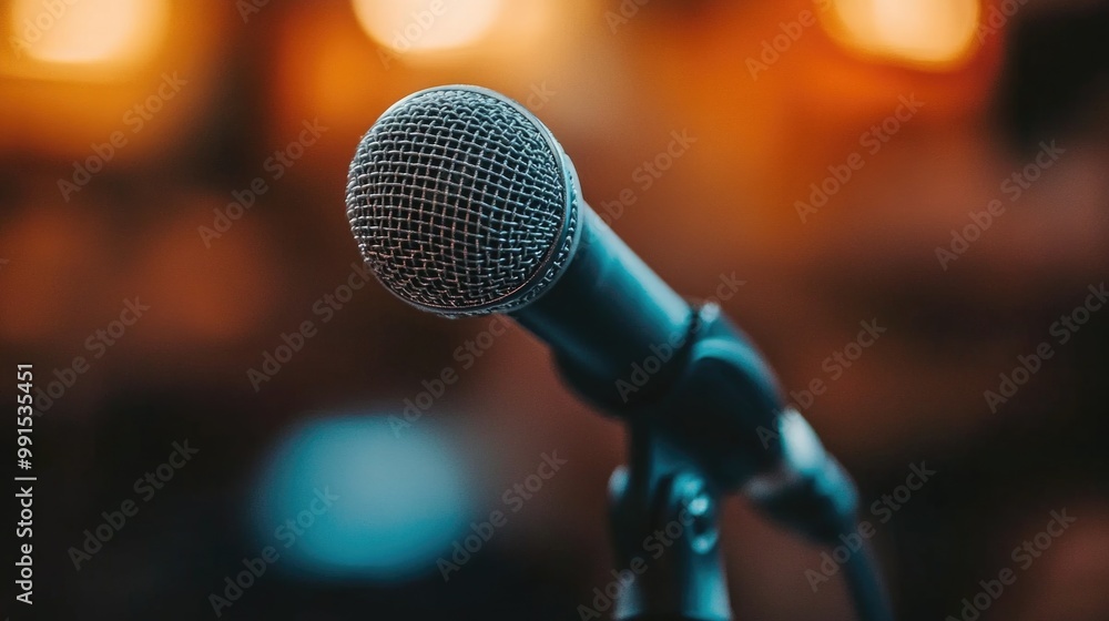 Obraz premium A microphone stands prominently in front of a blurred audience during a live performance