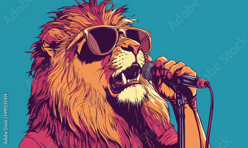 lion wearing sunglasses is depicted in this picture. He is holding a microphone and getting ready to sing.