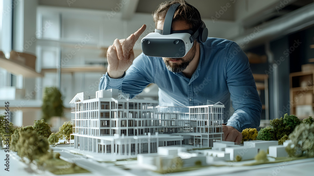 An architect wearing a VR headset examines a virtual reality model of a ...