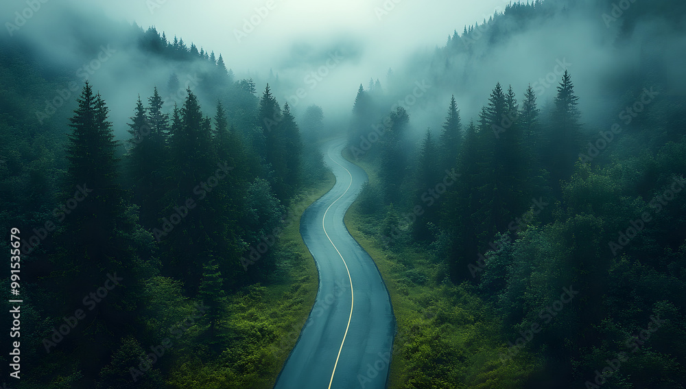 A Winding Road Through the Forest, Aerial View on a Rainy Day
A Winding Road Through the Forest, Aerial View on a Rainy Day