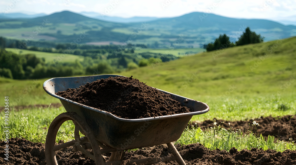 A wheelbarrow loaded with soil stands in a field, with a picturesque landscape stretching out in the background. A wheelbarrow loaded with soil stands in a field, with a picturesque landscape stretching out in the background.