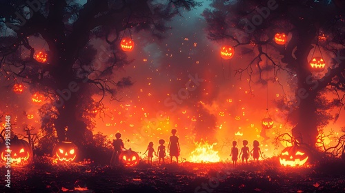 A spooky Halloween campfire scene with teens, glowing pumpkins, skeletons hanging in trees, firelight creating eerie shadows, dark forest background, mist rolling through the scene,