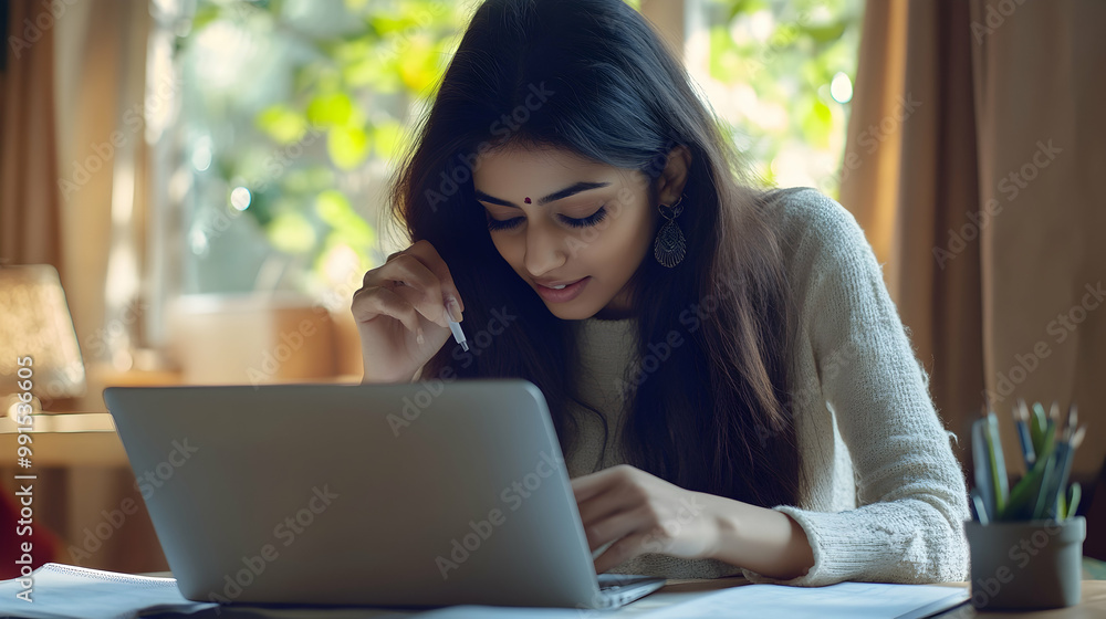 Young adult indian student woman taking notes while using laptop computer at home. Millennial ethnic female learning online listening virtual video call. Business and education concept Young adult indian student woman taking notes while using laptop computer at home. Millennial ethnic female learning online listening virtual video call. Business and education concept