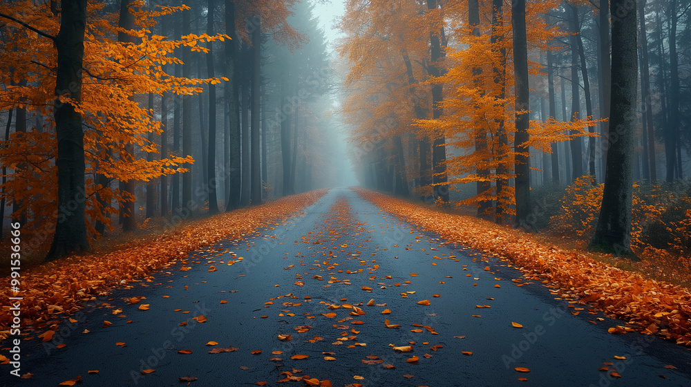 Fototapeta premium Autumn Forest and Road Going into the Distance
