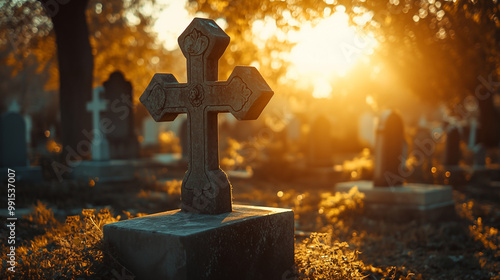 A cemetery with a cross on a tombstone
