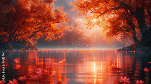 Beautiful Landscape with Lake and Autumn Forest at Sunset