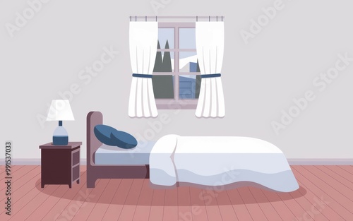Cozy bedroom interior. Minimalist bedroom with a single bed, nightstand, and lamp. View of snowy landscape through window.