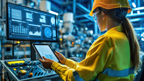 A woman in a hard hat uses a tablet while monitoring data on a screen in an industrial setting, showcasing technology and engineering in action.