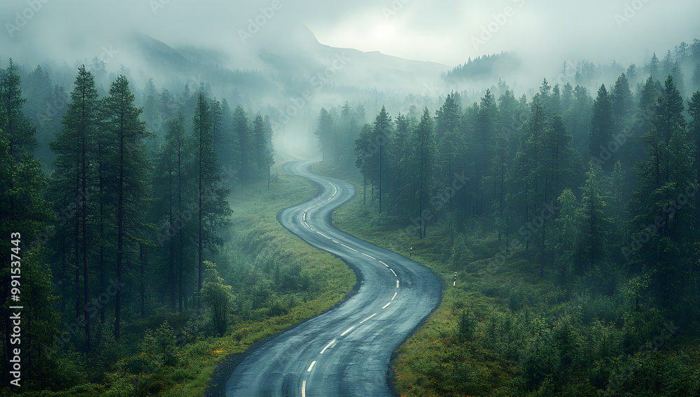 A Winding Road Through the Forest, Aerial View on a Rainy Day
A Winding Road Through the Forest, Aerial View on a Rainy Day