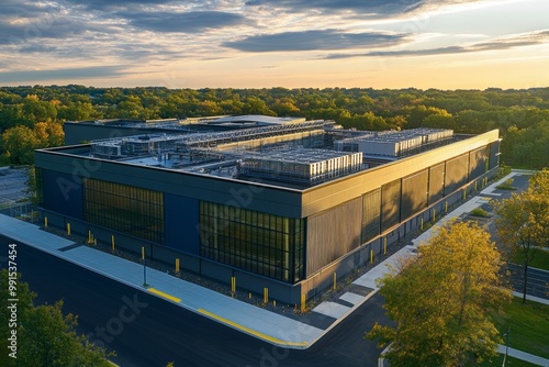 Photorealistic modern data center viewed from above