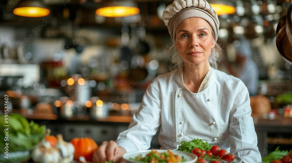 A chef standing confidently in a restaurant kitchen surrounded by fresh ingredients A chef standing confidently in a restaurant kitchen surrounded by fresh ingredients