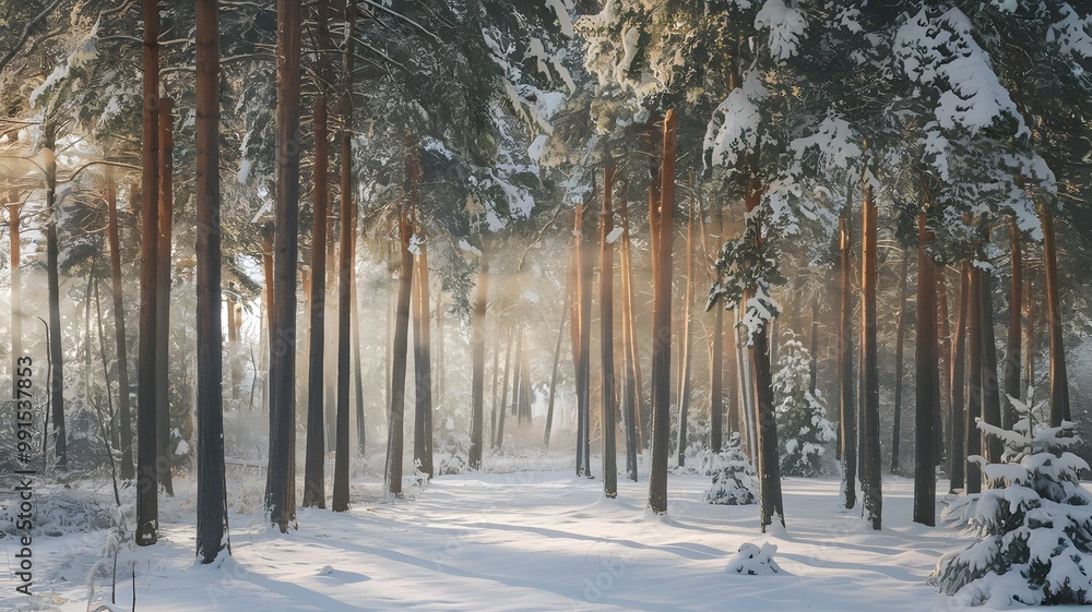 Naklejka premium Serene Winter Forest with Snow-Covered Pine Trees and Sunlight