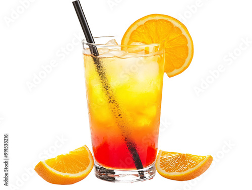 a glass of orange juice with a straw and orange slices