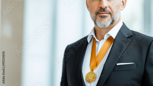 A distinguished businessman wearing gold medal exudes confidence and success in modern setting. His formal attire and proud expression highlight his achievements and dedication