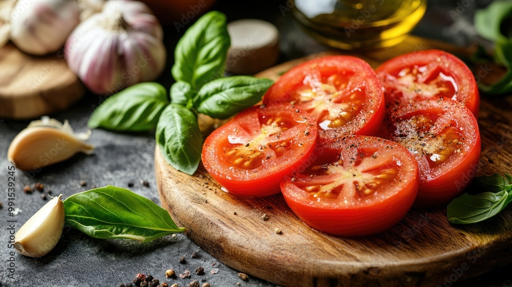 Close-up of sliced tomatoes on a wooden board, surrounded by fresh basil, olive oil, and garlic on a rustic table. Close-up of sliced tomatoes on a wooden board, surrounded by fresh basil, olive oil, and garlic on a rustic table.