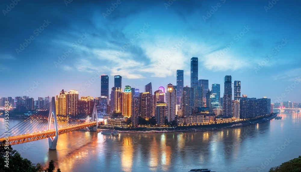Fototapeta premium Panoramic skyline and modern commercial buildings in Chongqing at night, China.