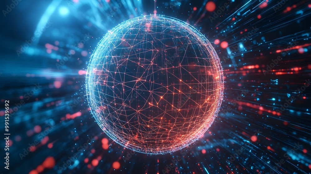 Obraz premium A glowing red and blue sphere with connected lines and dots