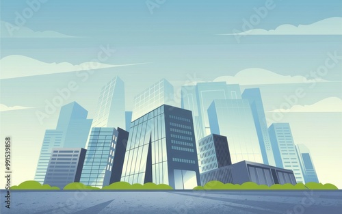 Cityscape illustration. Modern urban landscape with towering skyscrapers and a clear blue sky. Represents progress and growth.