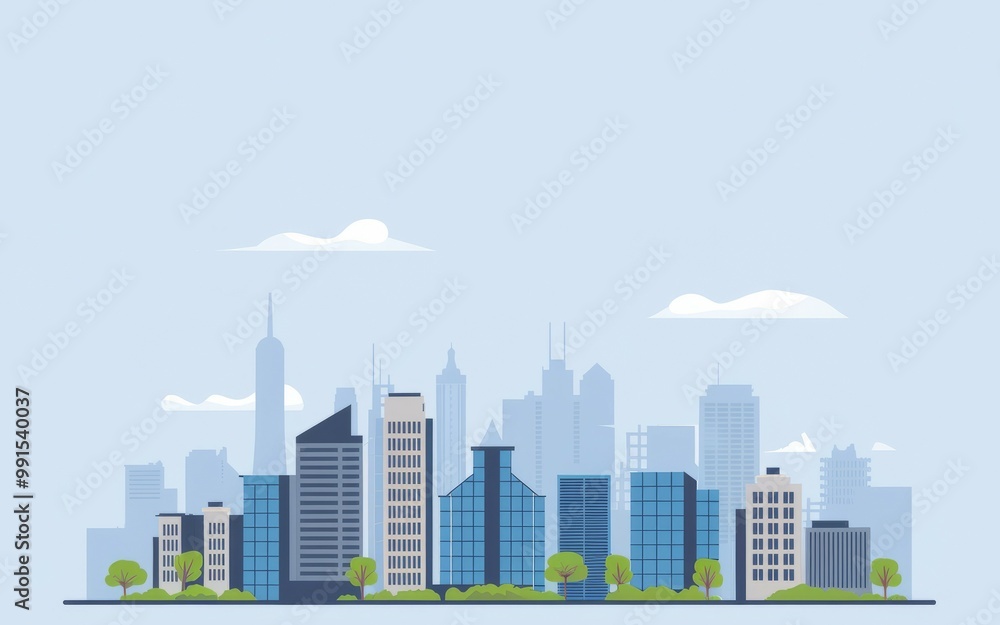 Fototapeta premium City skyline illustration. Modern urban landscape illustration, featuring tall skyscrapers, a blue sky, and a few white clouds.