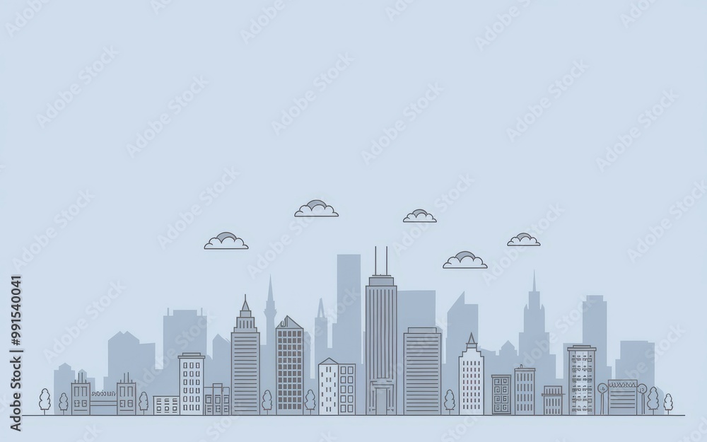 Obraz premium Cityscape outline. Minimalist city skyline illustration, featuring a tall building and cloud elements.