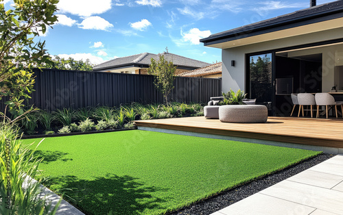 Artificial grass installation in the backyard of an Australian home, featuring a green artificial lawn and modern design elements like black fence walls