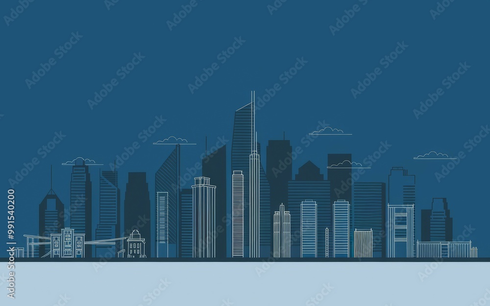 Naklejka premium Skyline cityscape illustration. Modern minimalist skyline with tall buildings and clouds. Perfect for urban design concepts, real estate, and city branding.