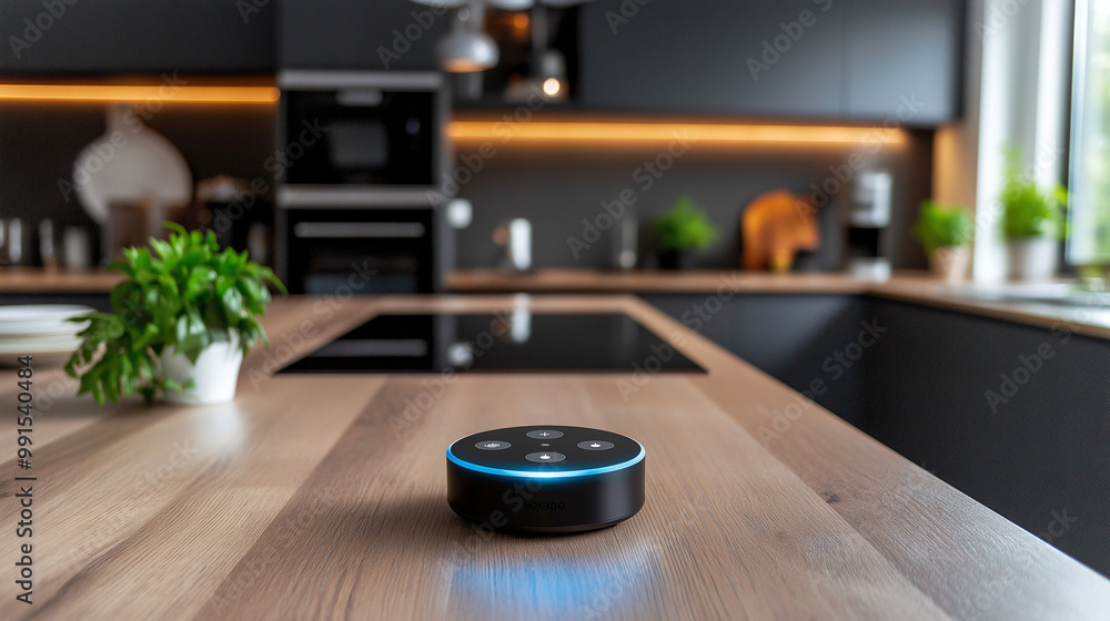 A modern kitchen featuring voice controlled smart speaker on wooden countertop, surrounded by plants and sleek appliances, showcasing seamless technology integration A modern kitchen featuring voice controlled smart speaker on wooden countertop, surrounded by plants and sleek appliances, showcasing seamless technology integration