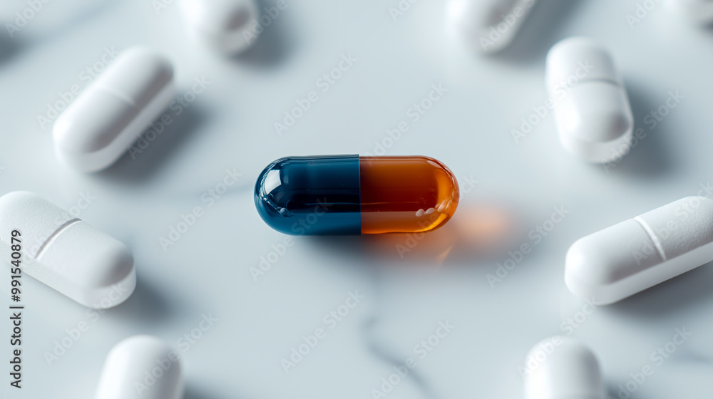 A striking composition of shiny pills in close up, featuring vibrant orange and blue capsule surrounded by white capsules, evokes sense of health and wellness A striking composition of shiny pills in close up, featuring vibrant orange and blue capsule surrounded by white capsules, evokes sense of health and wellness