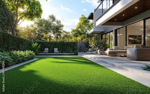 Wallpaper Mural an artificial grass installation in an Australian backyard, showcasing the bright green color and clean lines on the lawn surface with modern home architecture Torontodigital.ca