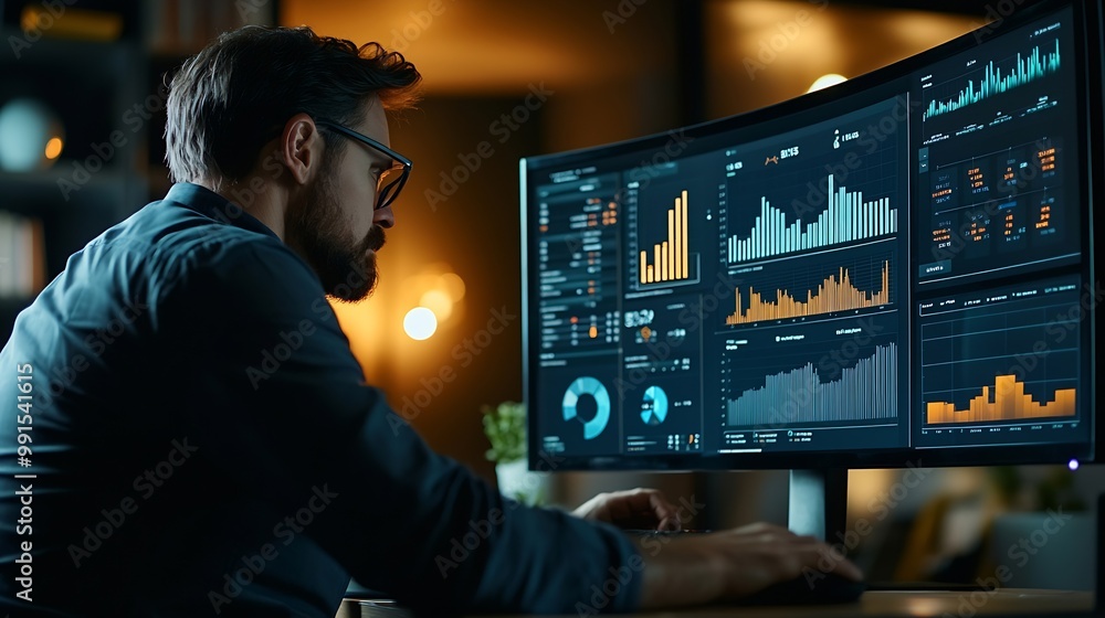 An analyst uses a computer and dashboard for data business analysis and Data Management System with KPI and metrics connected to the database for technology finance operations sales ma : Generative AI An analyst uses a computer and dashboard for data business analysis and Data Management System with KPI and metrics connected to the database for technology finance operations sales ma : Generative AI