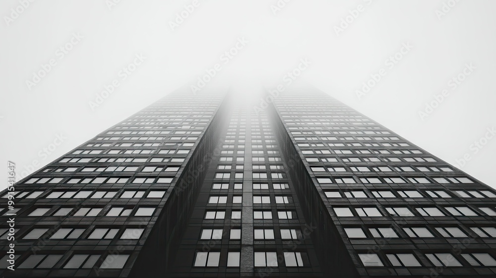 Fototapeta premium Close-up of the upper floors of a high-rise building with a clear background above for text. -