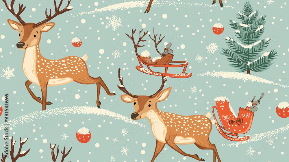 Illustrate a seamless pattern of reindeer playing in the snow, with snowballs and sleds, capturing the playful side of Christmas Illustrate a seamless pattern of reindeer playing in the snow, with snowballs and sleds, capturing the playful side of Christmas