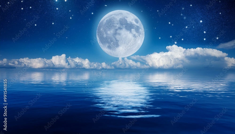 Romantic Moon With Clouds And Starry Sky Over Sparkling Blue Water Romantic Moon With Clouds And Starry Sky Over Sparkling Blue Water