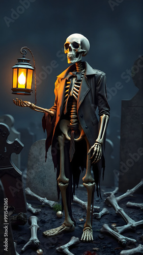 A skeleton holding a lantern in a spooky graveyard at night photo