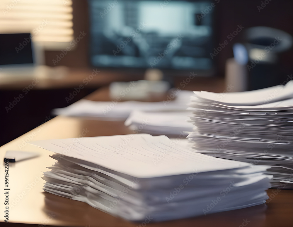 Stack of blank sheets of paper on table against office background. Work, business, working day Stack of blank sheets of paper on table against office background. Work, business, working day