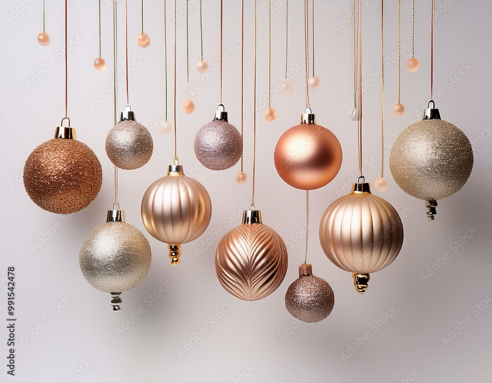 Shimmering holiday ornaments hanging from cords, set on a light background, perfect for seasonal decoration inspiration Shimmering holiday ornaments hanging from cords, set on a light background, perfect for seasonal decoration inspiration
