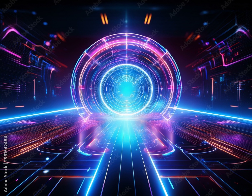 Obraz premium Shining neon flare and luminous illumination. An innovative and virtual concept. Perfect setting for tech, cyber monday deals, and future possibilities